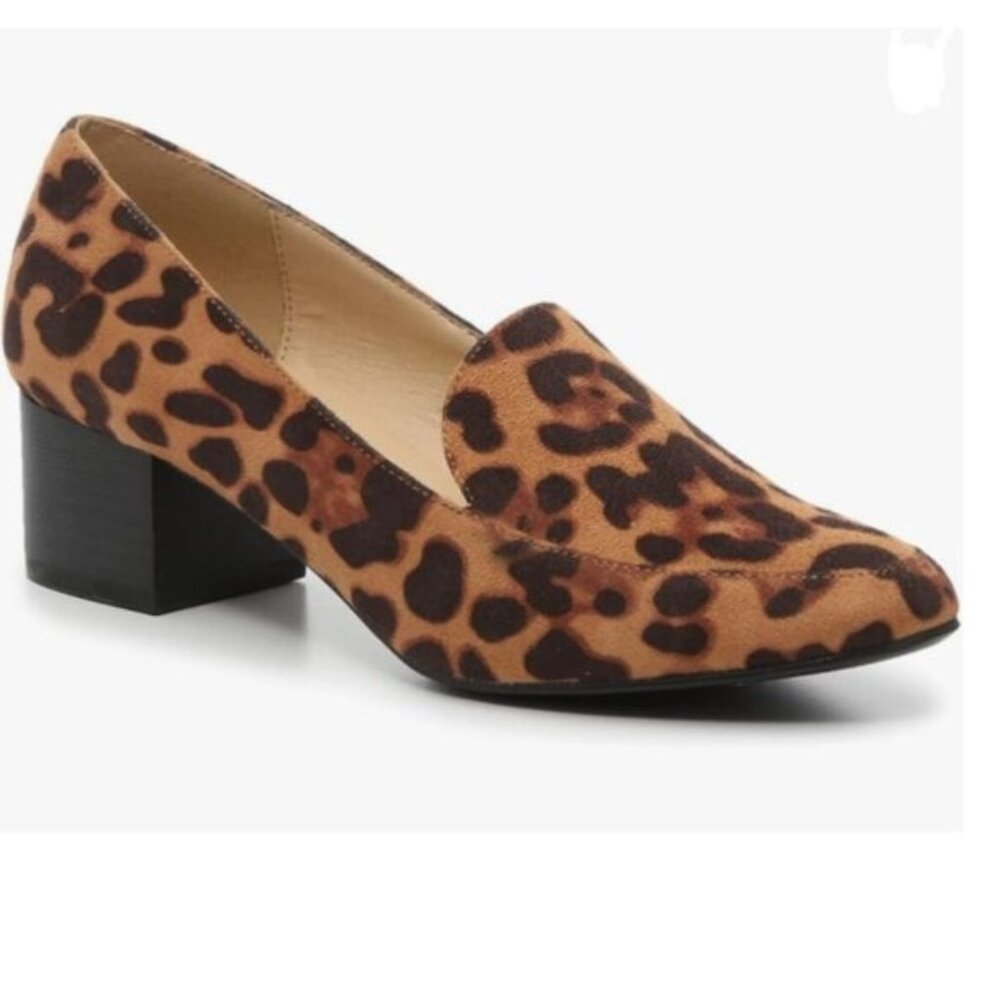 FOWT Brown Leopard Suede Slip On Side V Cut Loafers Almond Toe Chunky Heel Pumps